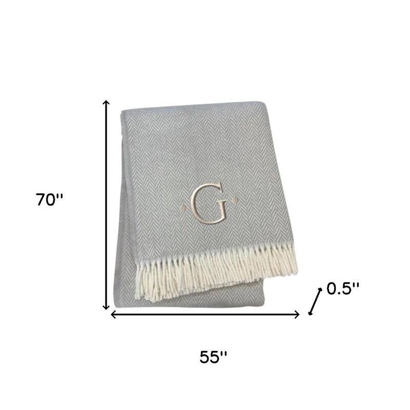 HomeRoots 55" X 70" Gray And White Herringbone Cotton Blend G Initial Throw Blanket with Tassels And Embroidery