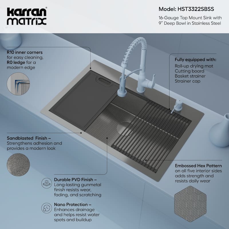 Karran USA HST3322SB Matrix 33" Drop In Single Basin Stainless Steel