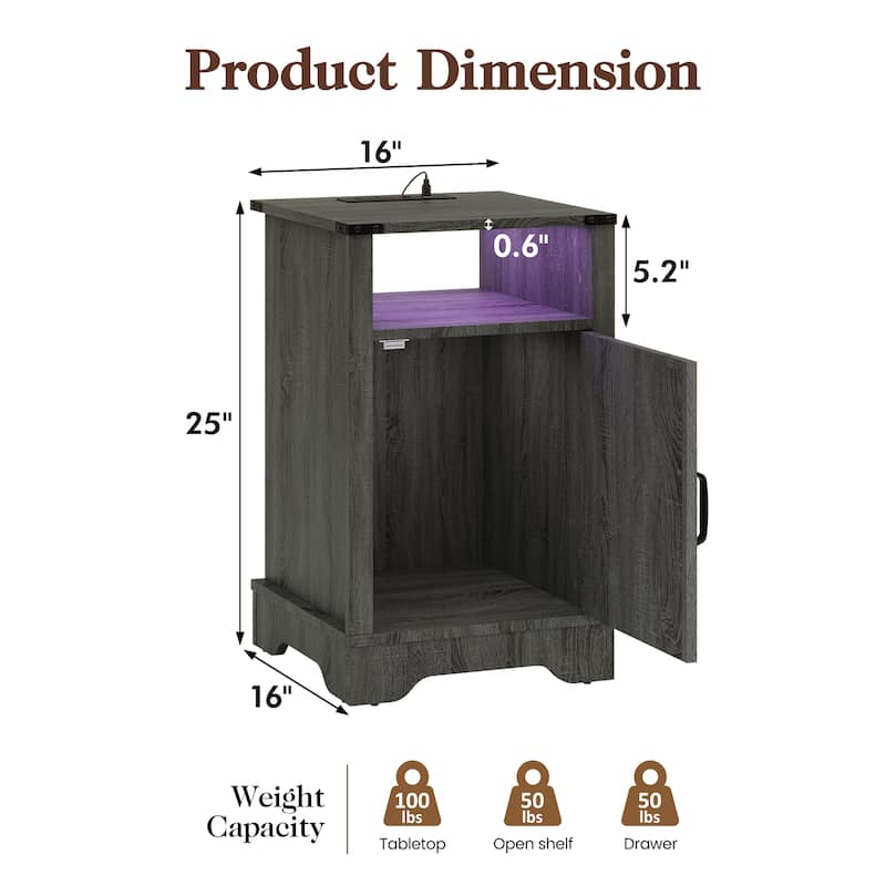 Farmhouse Nightstand Set of 2 With LED Lights and Charging Station