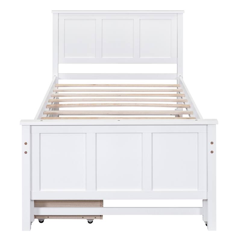 White Twin Platform Bed with Trundle and Storage Drawers, Solid Pine Wood Frame
