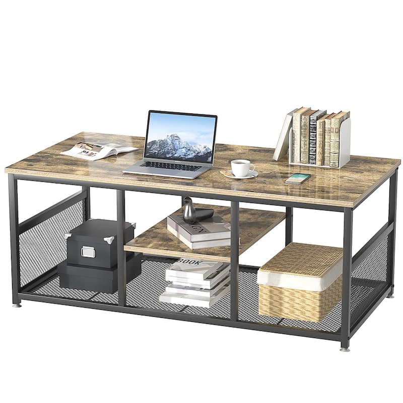 Industrial Rectangle Wood Coffee Table with Storage Shelf, Metal Frame Home Tea Table Desk