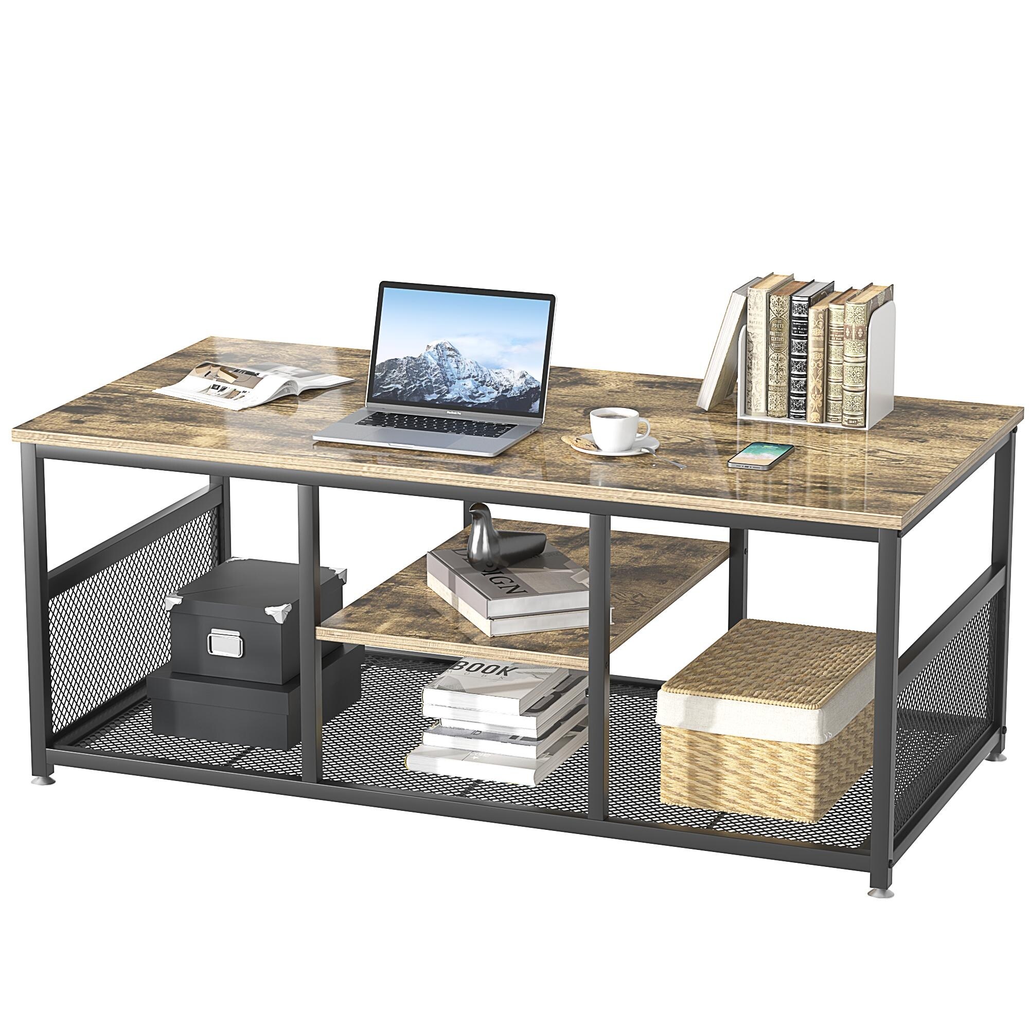 Industrial Rectangle Wood Coffee Table with Storage Shelf, Metal