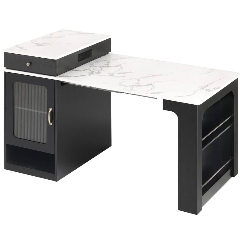 Kitchen Island with Extendable Dining Table, Kitchen Storage Table with 2 Drawers, Power Outlet, Open Shelves, for Diningroom