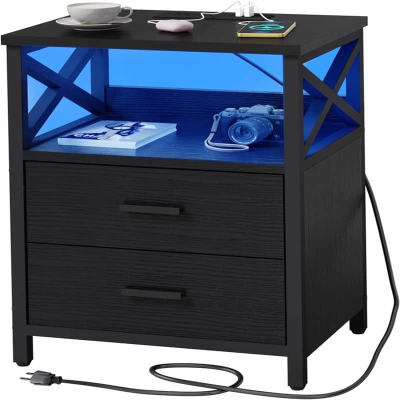 Nightstand with Charging Station - Black