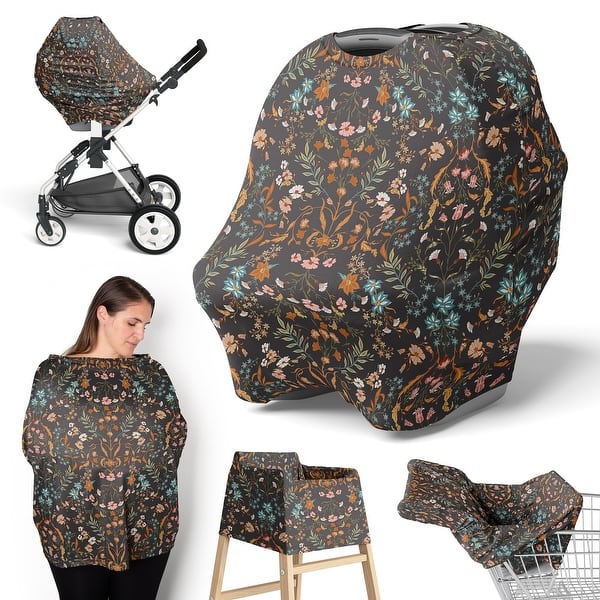 slide 2 of 6, Sweet Jojo Designs Boho Wildflower Vintage Floral Girl 5 in 1 Baby Car Seat Nursing Cover Black Orange Bohemian Farmhouse Flower
