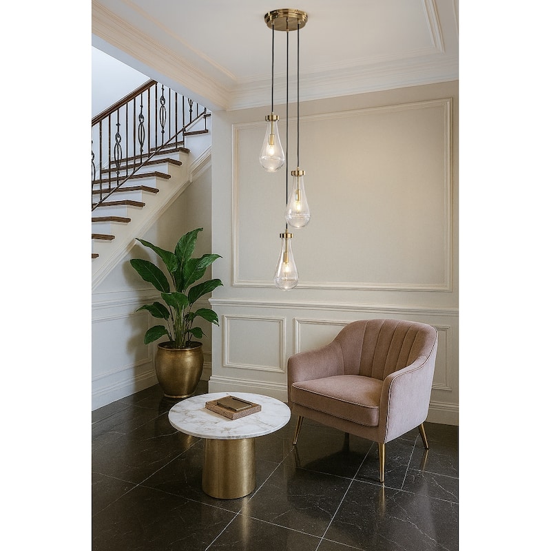 3-Light 9" Farmhouse Raindrop Glass Antique Brass Chandelier Rustic Teardrop Cluster Pendant Light for Kitchen Island - W9''