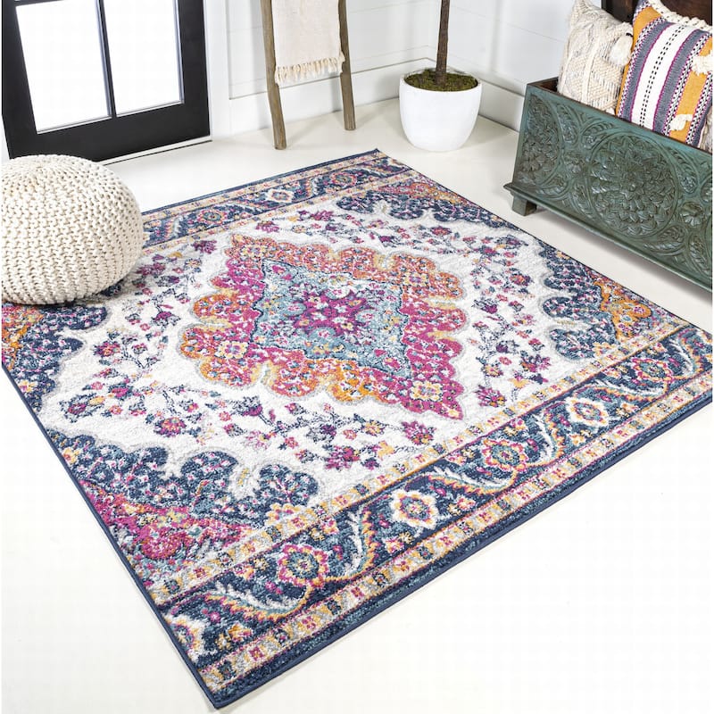 JONATHAN Y Inigo FLAIR Boho Vintage Medallion Area Rug - 6' Square - Blue/Multi