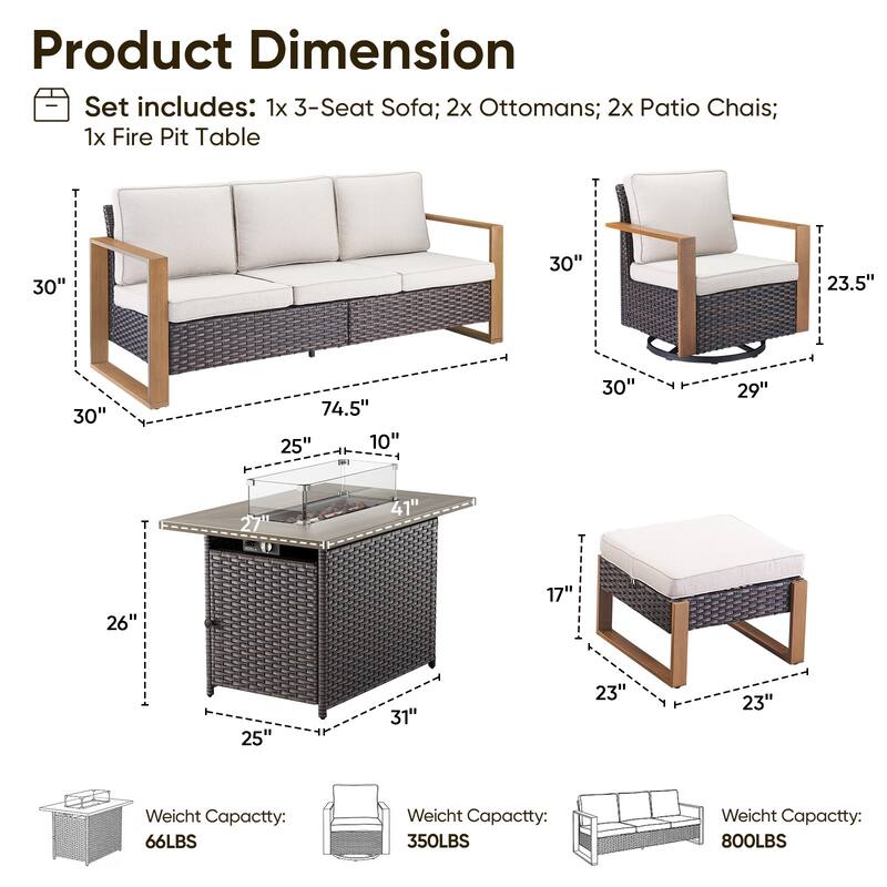Pocassy Fire Pit Table with Outdoor Sofa Chair Ottoman Set