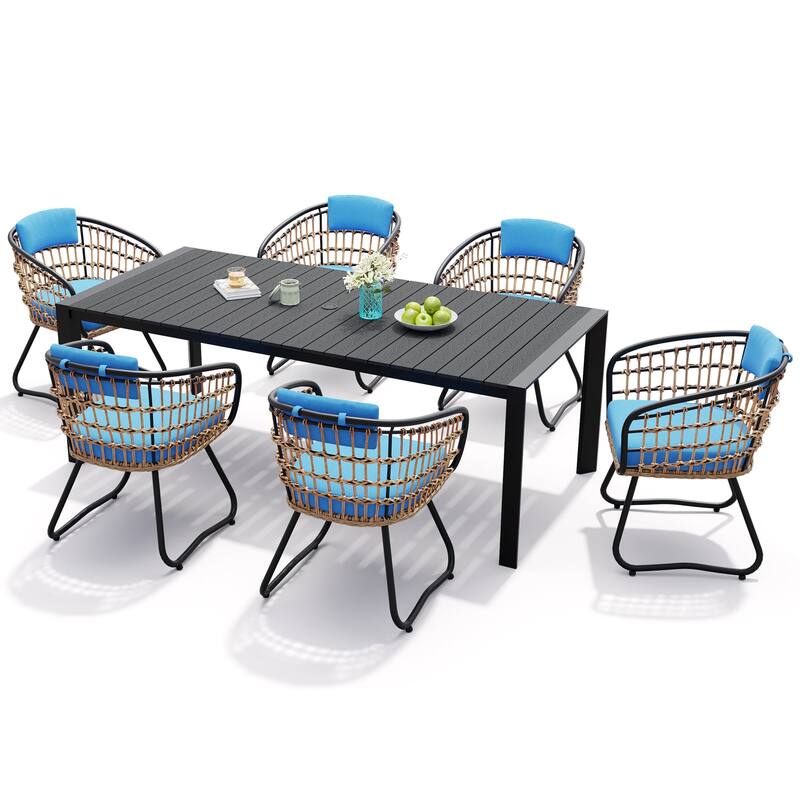 7-Piece Outdoor Patio Dining Set Aluminum Table with Umbrella Hole with Rattan Chairs - Blue