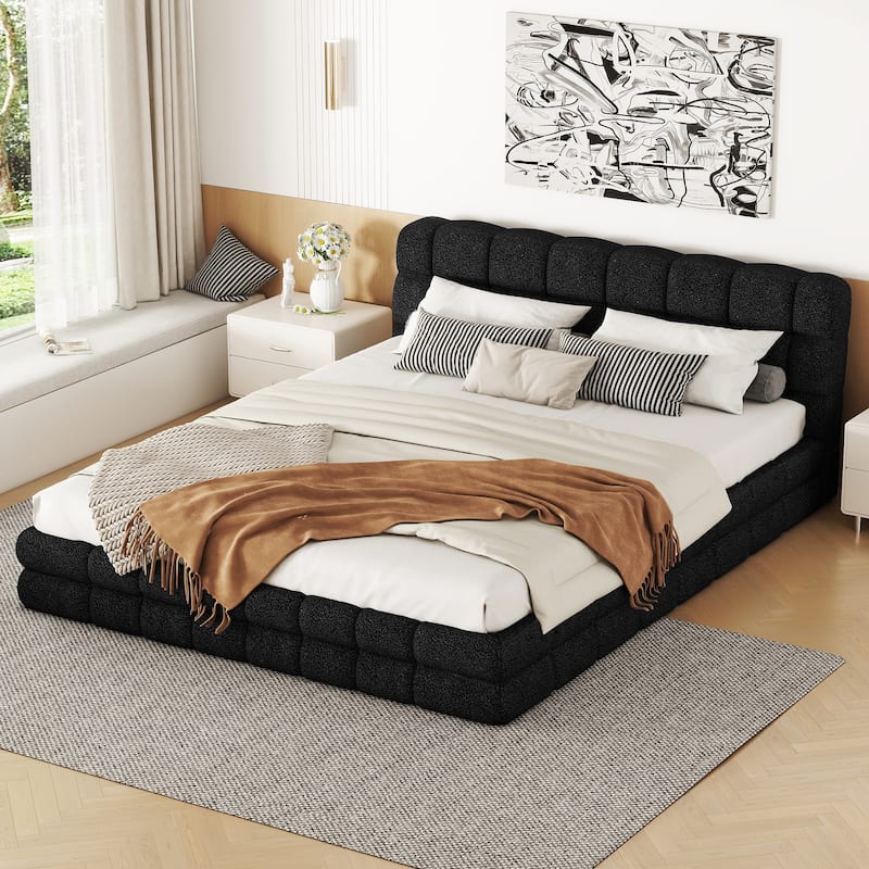 Queen Size Upholstered Platform Bed in Black with Headboard and Sturdy Construction