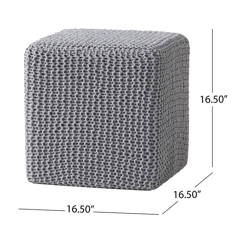 Roomfitters Handcrafted Cube Pouf Ottoman, Knitted Cotton Cover with Firm Support, Modern Floor Accent or Footrest, Gray