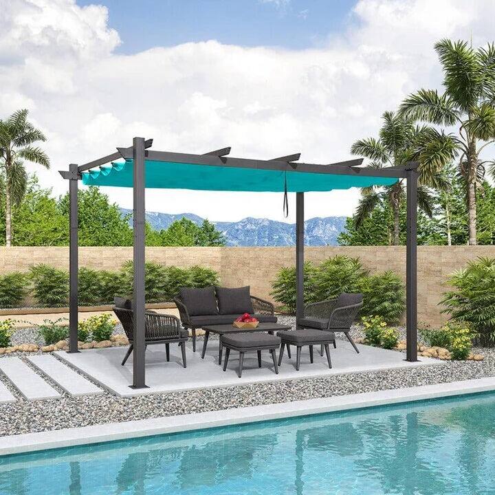 PURPLE LEAF Gazebo Outdoor Retractable Modern Yard Metal Grape Trellis Pergola with Canopy. - 10ft x 12ft - Turquoise Blue