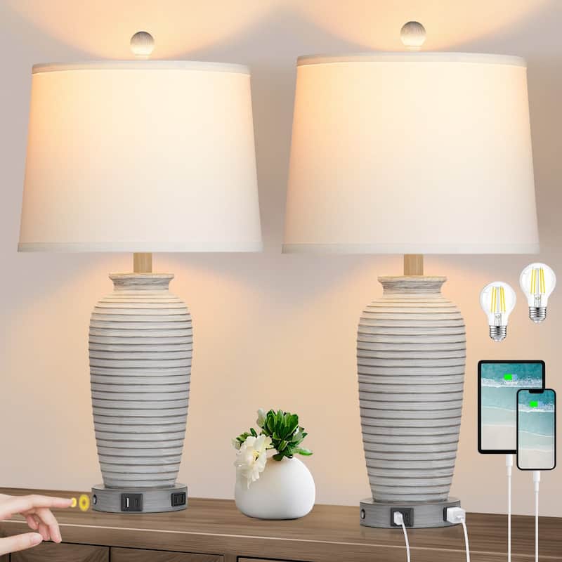Set of 2 White Resin Table Lamps with 3-Way Dimmable Touch Control, USB/Type-C Ports, and AC Outlet - 13'' X 13'' X 25''