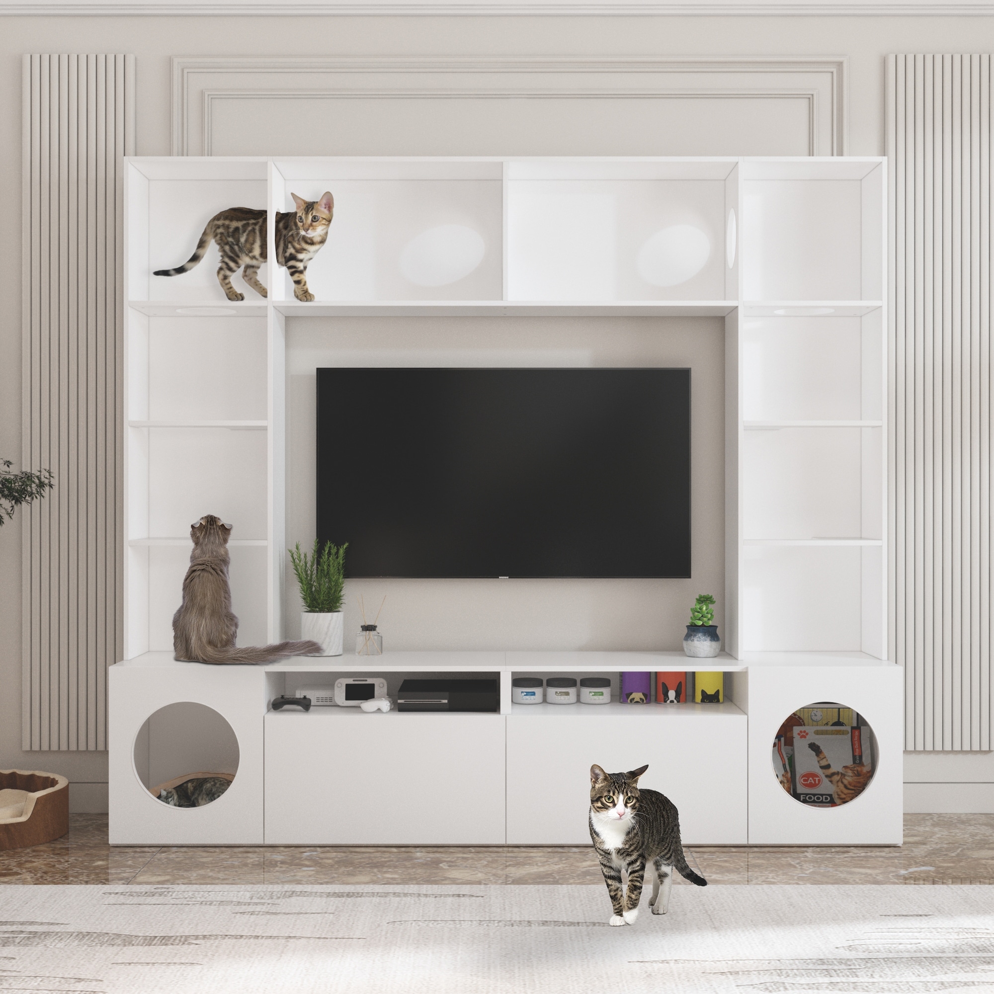 Entertainment Unit with Cat Condo Spacious TV and Pet Play Center 86.6