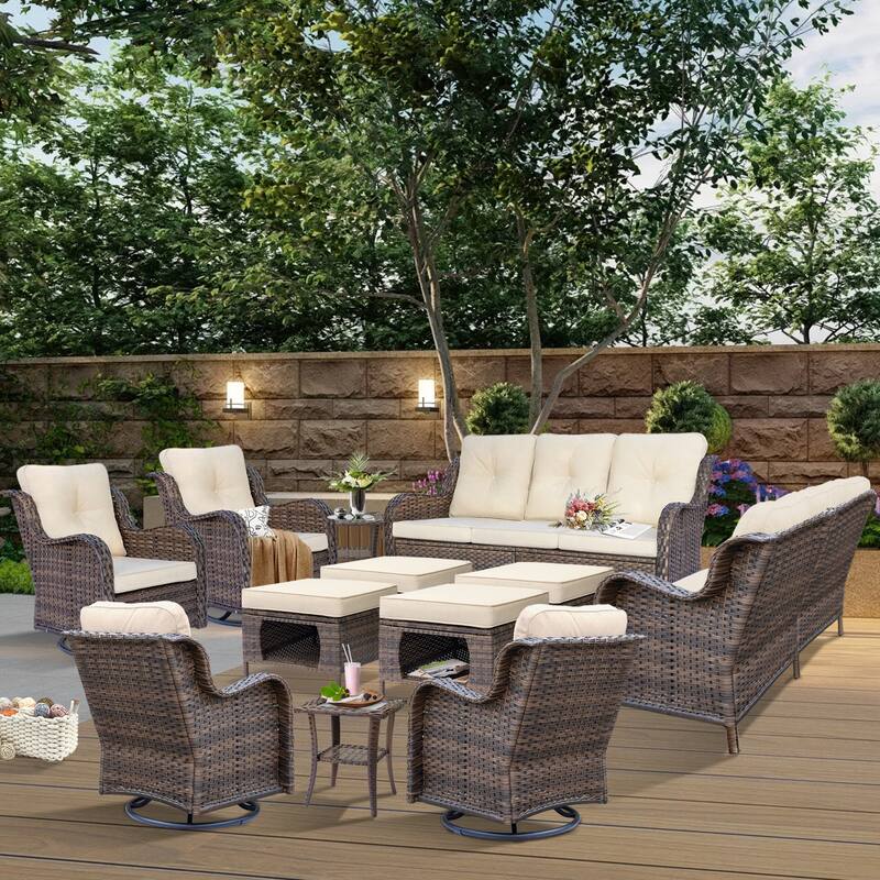 12 Piece Outdoor Wicker Patio Furniture Swivel Glider Chairs Set - Beige-Brown Wicker