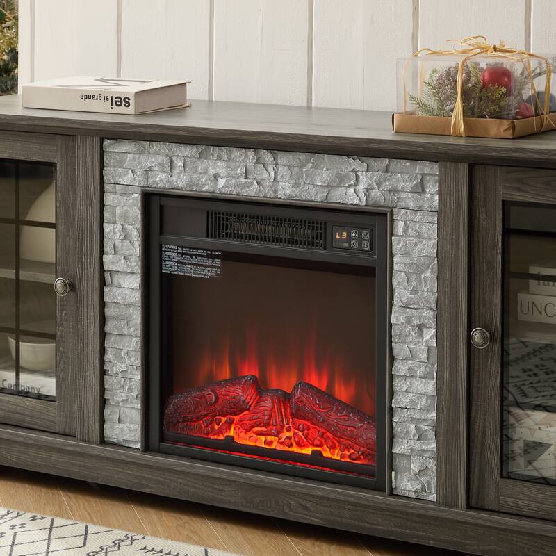 GDFStudio Eulalia Wood 2-Door Storage TV Stand with Faux Stone Mantle