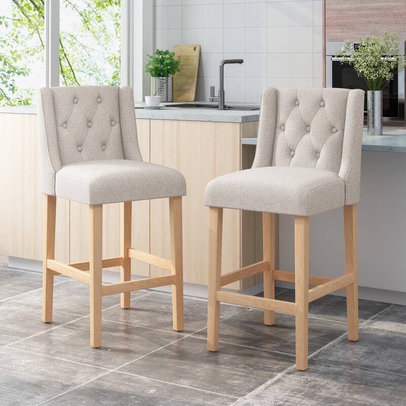 Vienna Contemporary Fabric Tufted Wingback 31 Inch Counter Stools, Set of 2, Light Grey and Natural