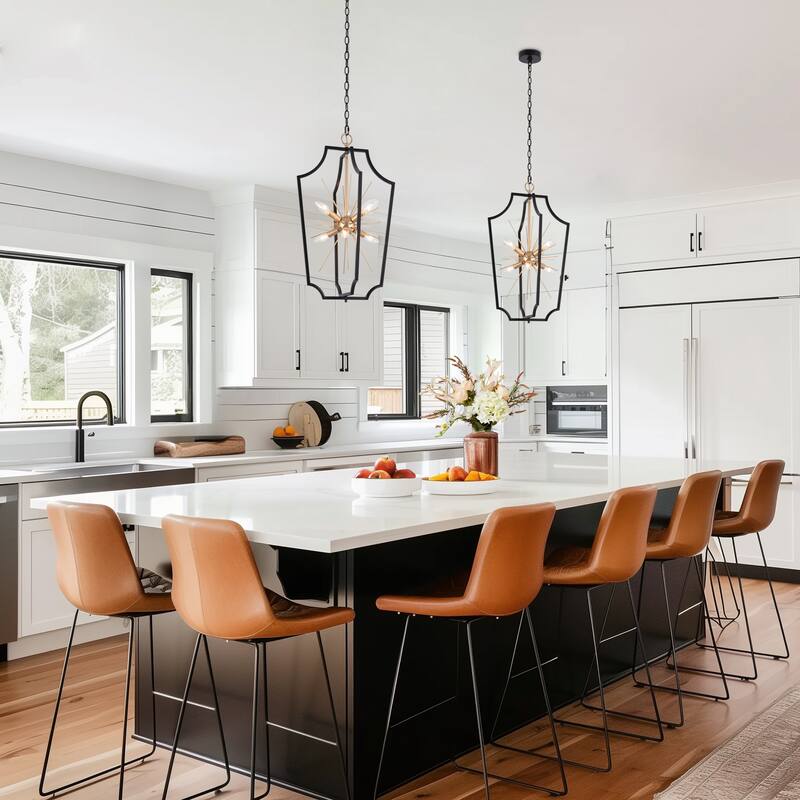 Modern Elegance 6-Light Geometric Black Frame Chandelier with Gold Starburst Pendant Kitchen Island for Dining Room