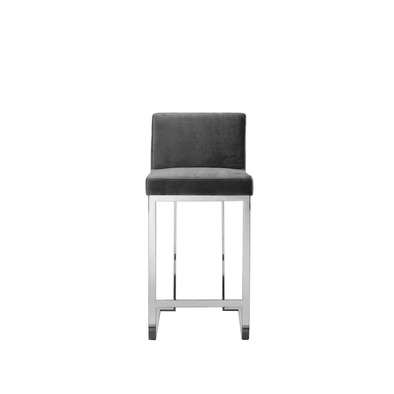 Boly 26 Inch Counter Height Chair, Gray Velvet, Foam Cushions, Chrome Steel