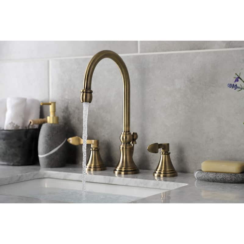 NuFrench Deck Mount Widespread Bathroom Faucet with Brass Pop-Up