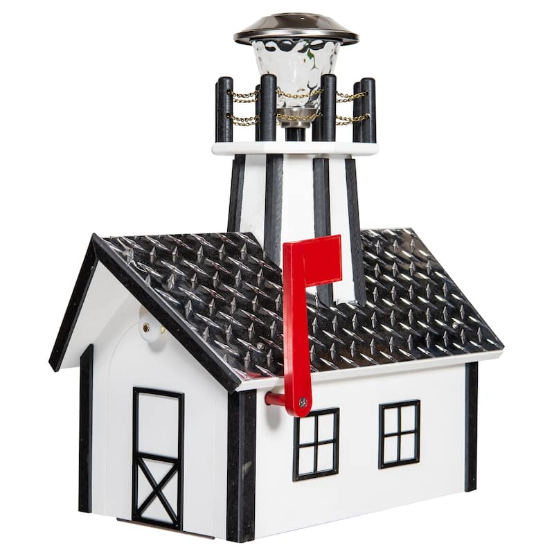 Deluxe Wood Mailbox with Aluminum Diamond Plate Roof and Lighthouse - White and Black