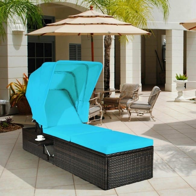 Chaise Cushioned Top Canopy Patio Rattan Lounge Chair with Tea Table - 77”x 23.5”x 13”-25”-28.5”-32.5”-35.5”(L x W x H)