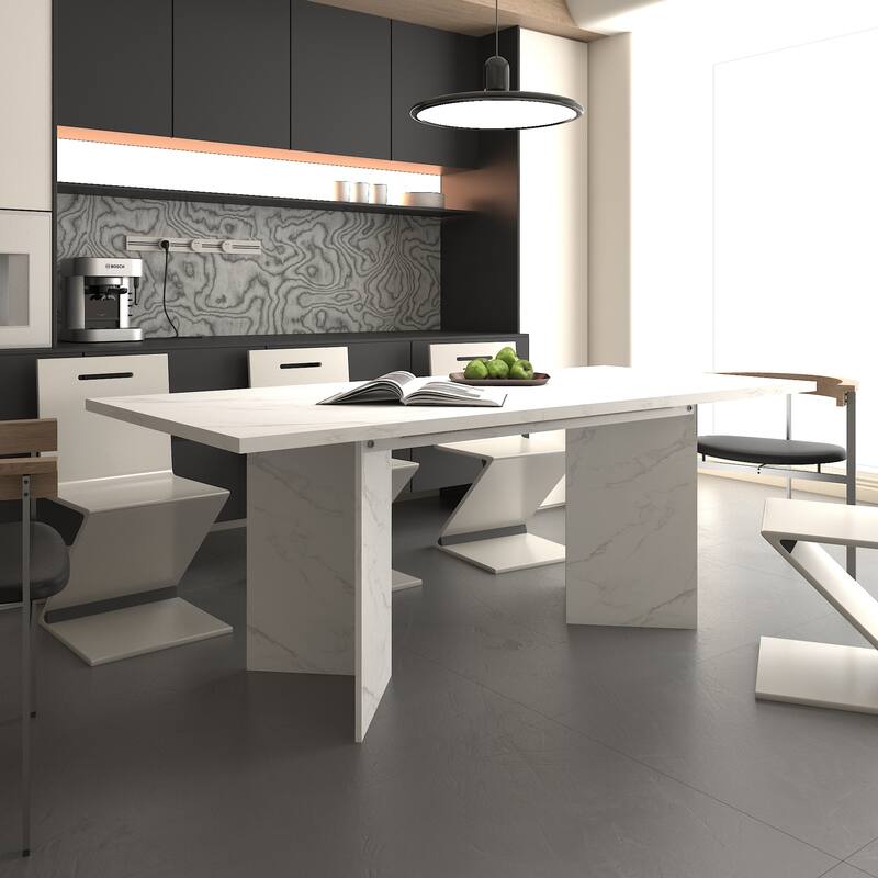 Extendable Dining Table, Wooden Kitchen Table with V-Shaped Legs, Coffee Table with Silent Glide Rails