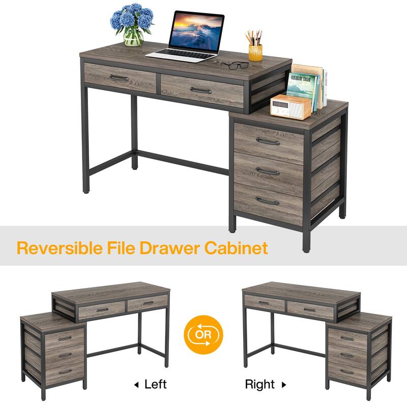 Modern Computer Desk with 5 Drawers, Home Office Desks with Reversible Drawer Cabinet Printer Stand