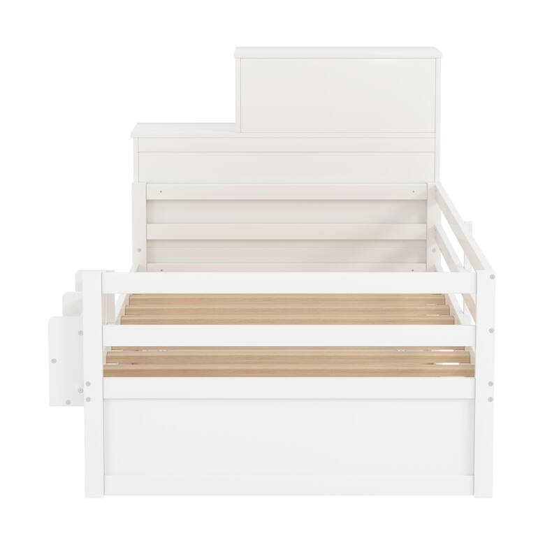 Twin Size Platform Bed with Bookshelf, Movable Wardrobe, Storage Cabinet, Drawer and Pull-out Trundle Bed, Wood Daybed Frame