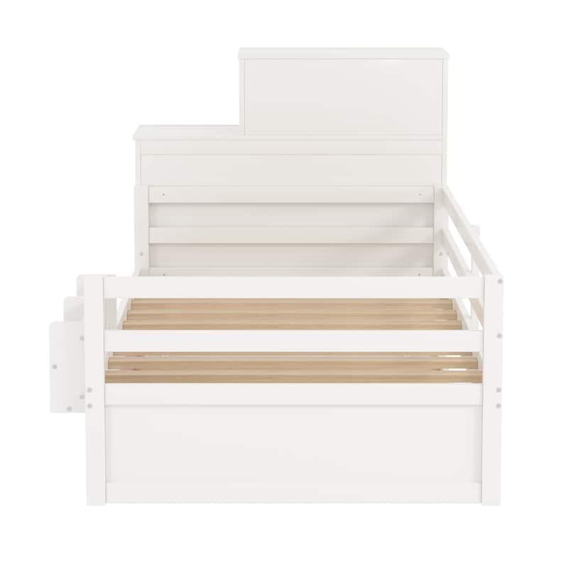 Twin Size Wood Platform Bed with Sample Bookshelf and Movable Wardrobe, Multifunctional Bed with Built-in Trundle Bed, White