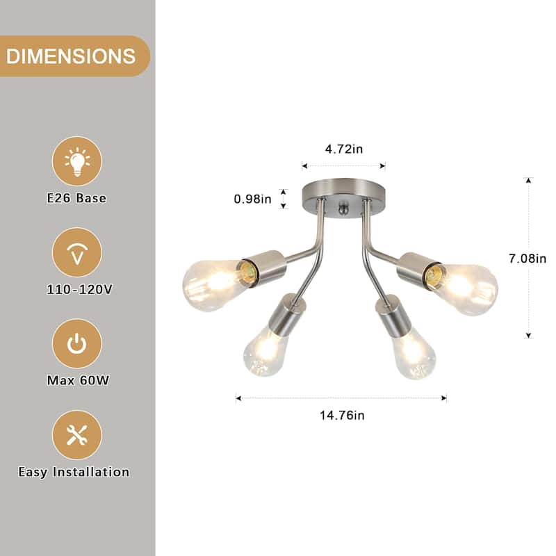 Modern 4-Light Semi Flush Mount Ceiling Light for Dining Room Bedroom Hallway Entryway