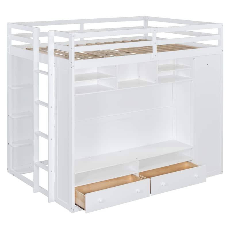 Full Size Loft Bed with Storage, LED Light, and Shelves - White