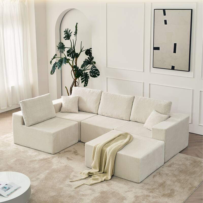 Modular L Shaped Sectional Sofa with Ottoman, Corduroy Boneless Cloud Sofa, 4 Seater Compressed Sofa with 2 Pillows