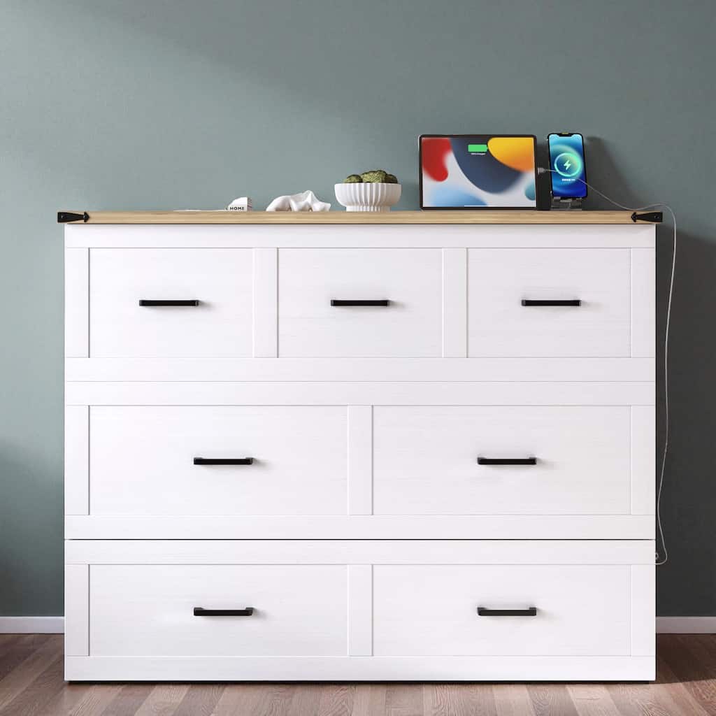 Foldable Murphy Bed Cabinet Full/Queen with USB & Type-C Ports and Storage Drawer for Guest Room