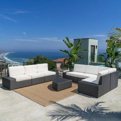 Roomfitters 8-Piece Outdoor Wicker Patio Sectional Set, Weather-Resistant Rattan Sofa with Cushions & Glass Coffee Table, Grey