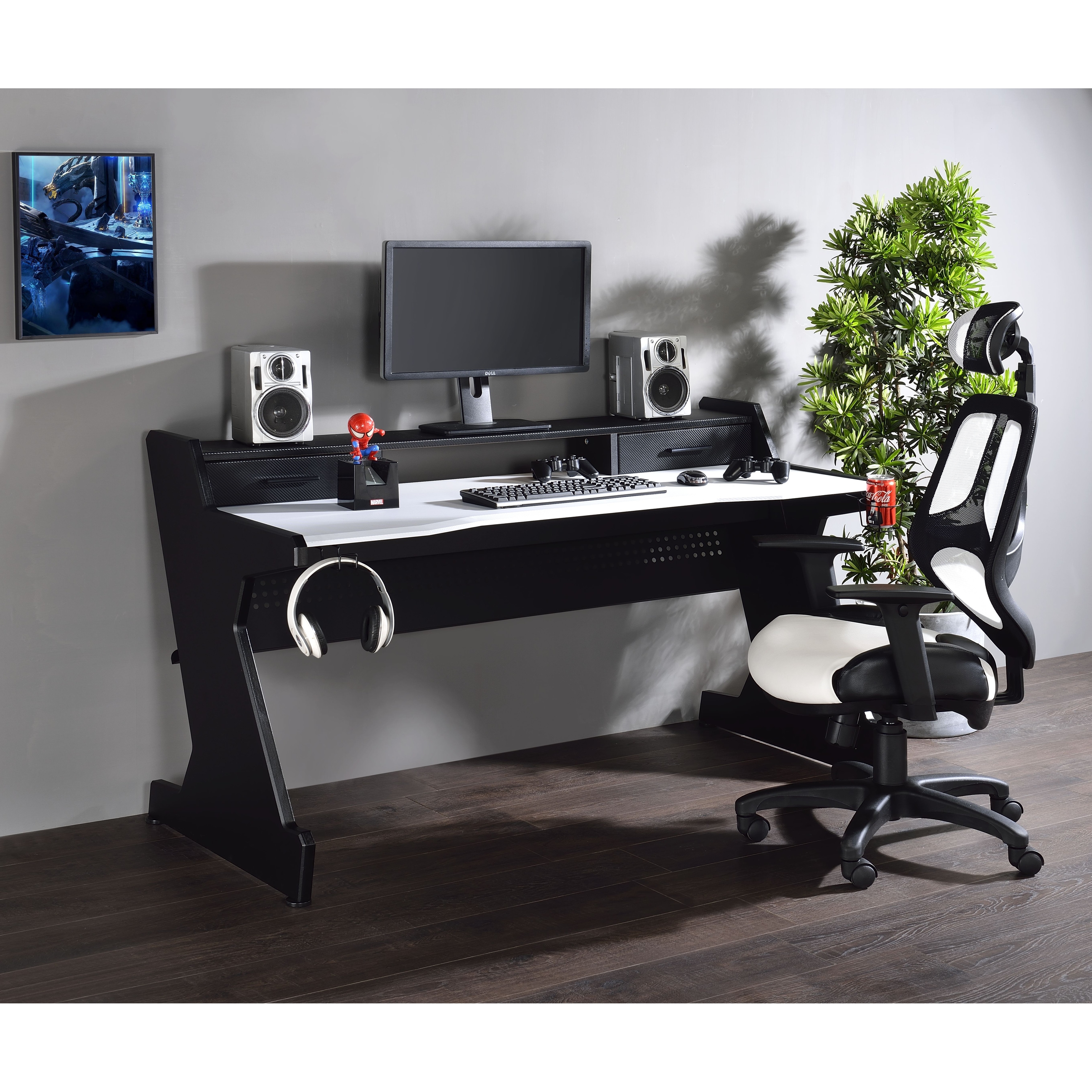 Modern 2-Drawer Gaming Desk with Spacious Design and Open Storage Compartment, Metal Frame and Wood Surface
