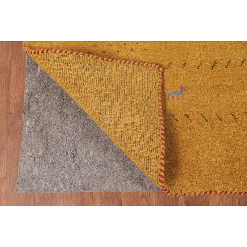 Tribal Gabbeh Area Rug Hand-Knotted Yellow Wool Carpet - 8'1"x 9'8"
