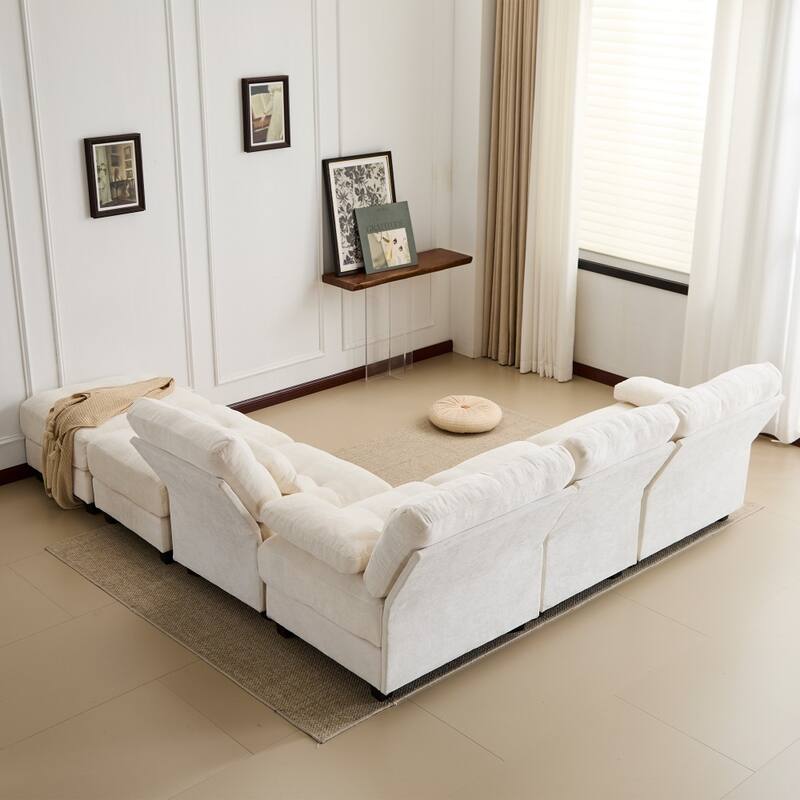 119" Chenille Sectional Sofa with 2 Ottomans and 4 Pillows, Adjustable Backrests