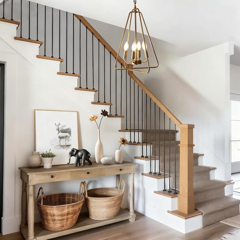 Dsmll Mid-century Modern 4-Light Chandelier Black Gold Lantern Pendant Lights for Dining Room