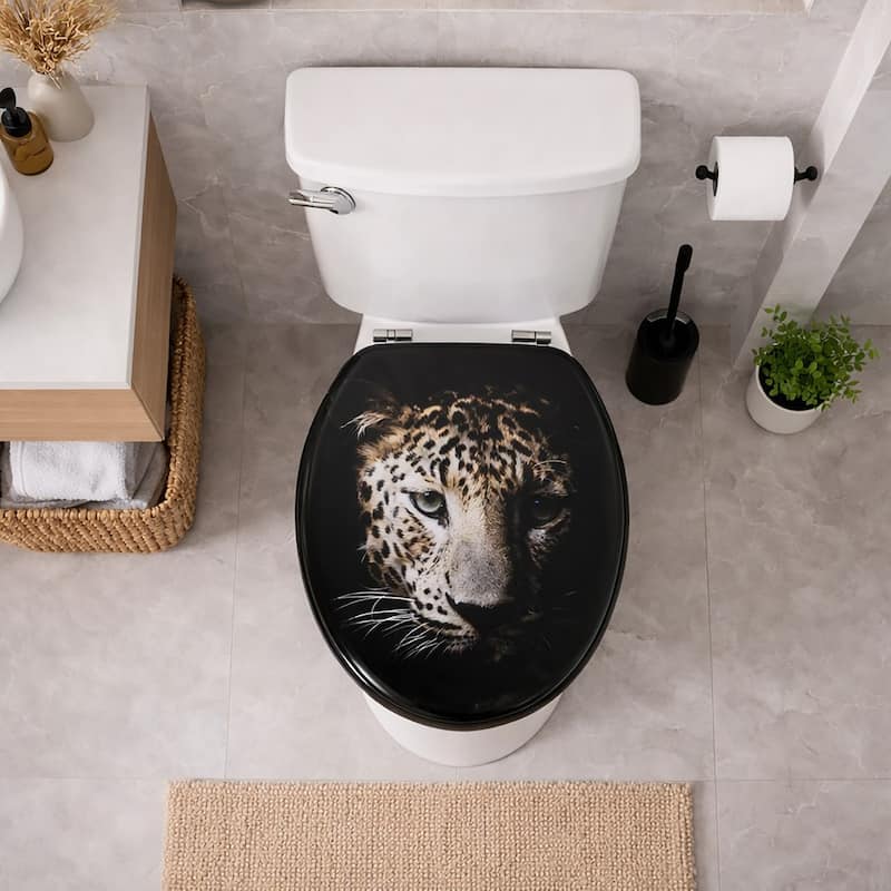 18-Inch Black Elongated Toilet Seat With Leopard Print - 17.5 L x 14.7 W x 2 H