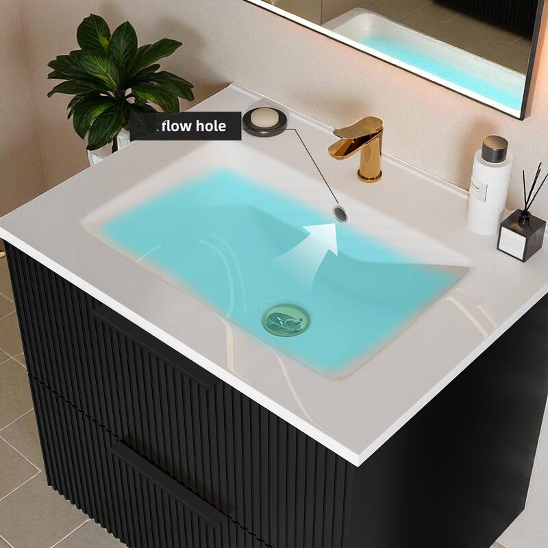 30 Inch Floating Bathroom Vanity with Ceramic Sink, Wall Mounted Fluted Cabinet with Drawers, Modern MDF Design