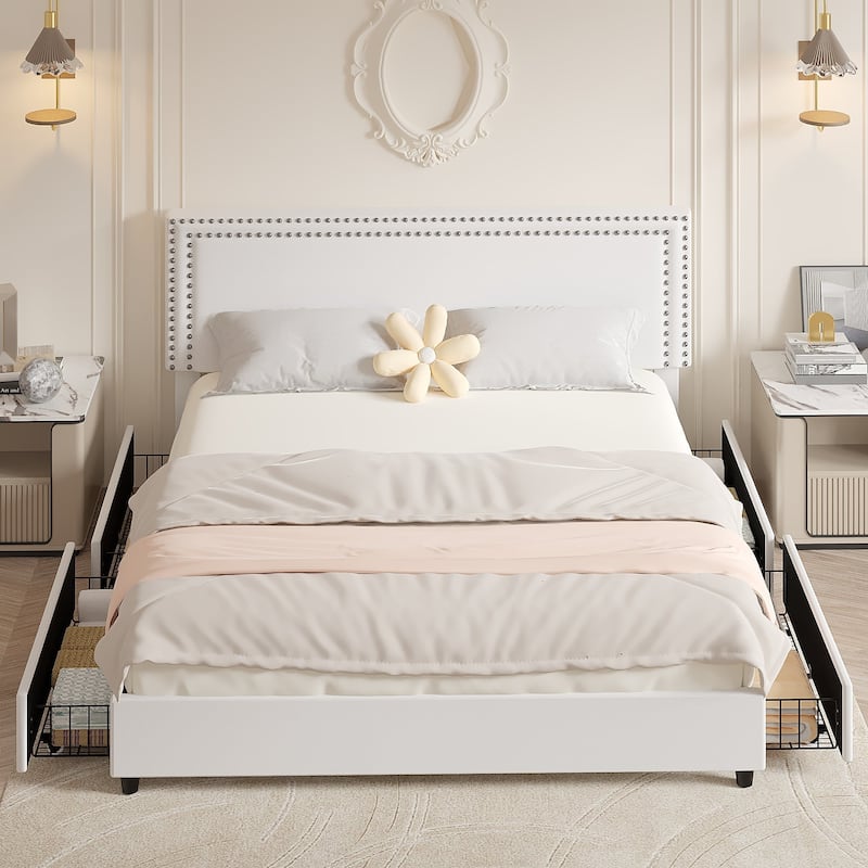 VECELO Upholstered Storage Bed Frames with 4 Storage Drawers Platform Bed Frame with Adjustable Velvet Rivets Headboard