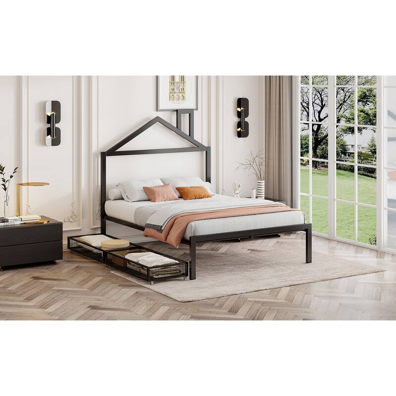 Full Size Metal Platform Bed with Two Drawers and House-Shaped Headboard