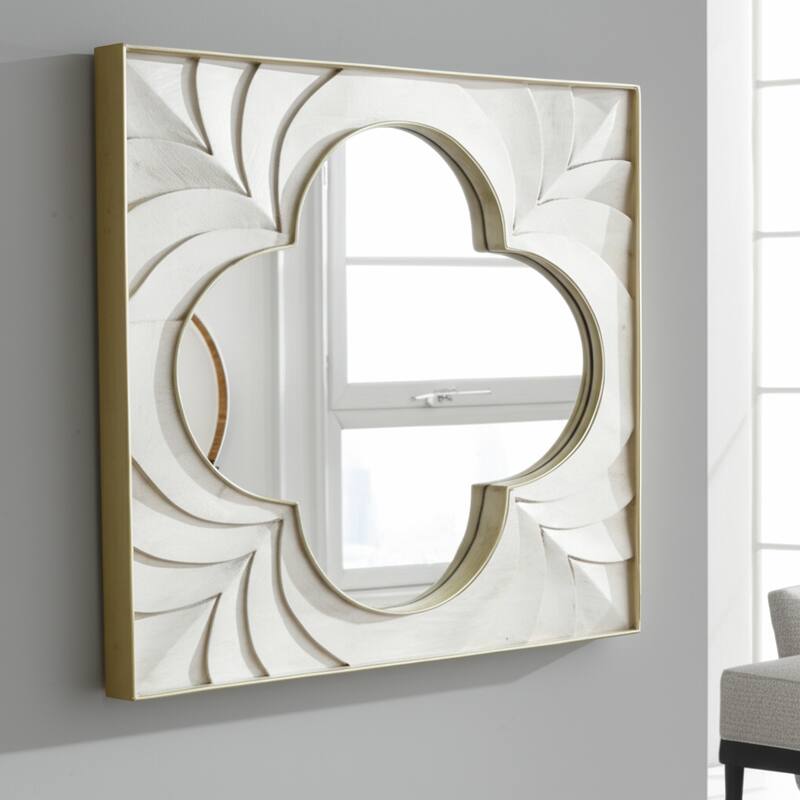 Wood Brass Frame Wall Mirror Decorative Elegant Room Decor - 35" Ivory - 35" x 1.75" x 35"