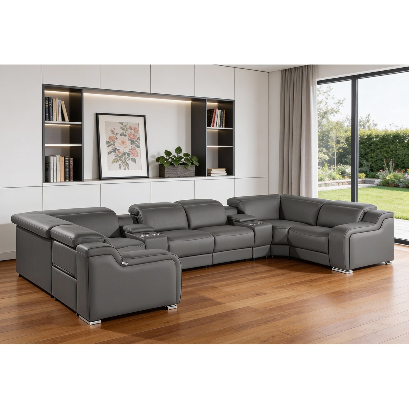 HomeRoots Dark Gray Italian Leather Power Reclining U Shaped Eight Piece Corner Sectional With Console