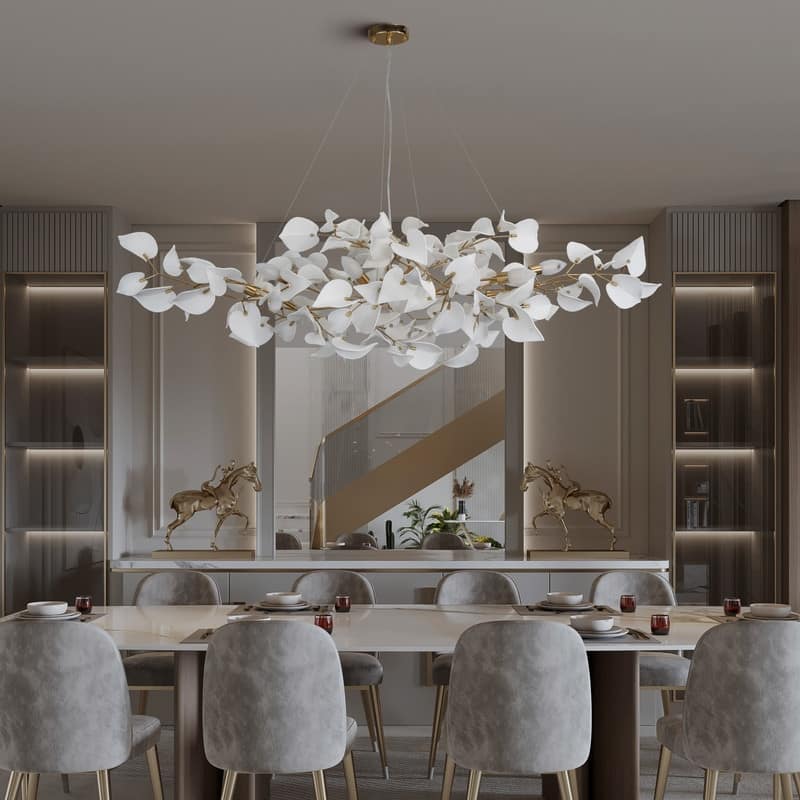 KAYLA 31.5" 6-Light Luxury Gold Round Chandelier, Modern Ceramic Leaf Branch