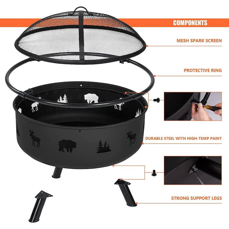 42 inches Outdoor Fire Pit with Spark Screen and Log Poker