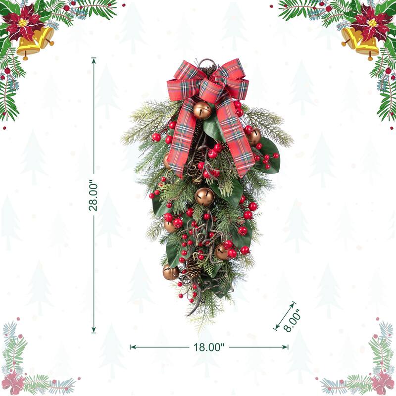 Glitzhome Christmas Berry Bow Pinecone Bell Holy Leaf Teardrop Swag Xmas Wreath