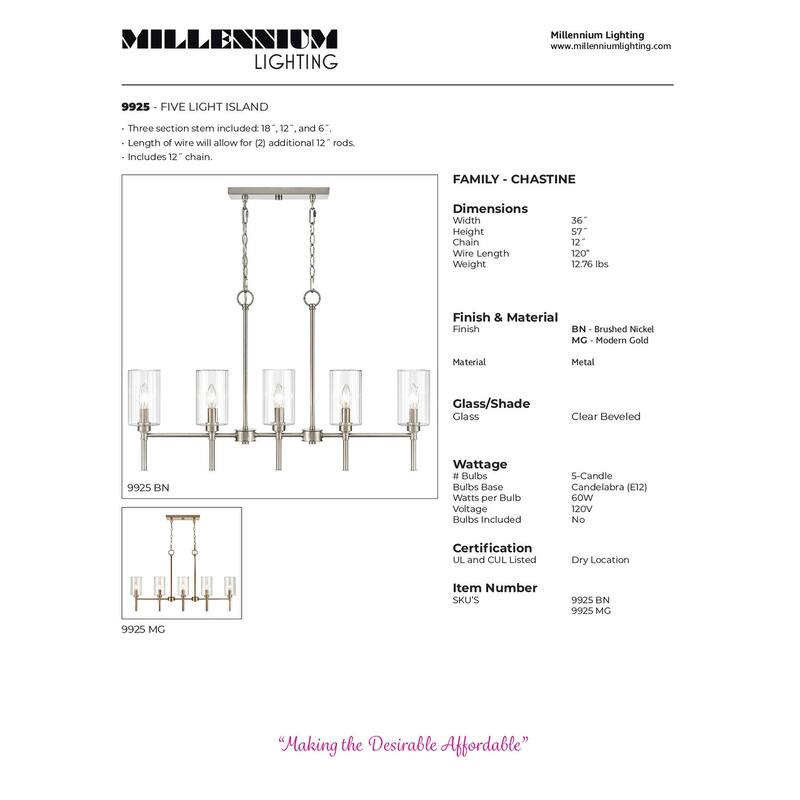 Millennium Lighting Chastine 5 Light Chandelier with Clear Rippled Glass Shades