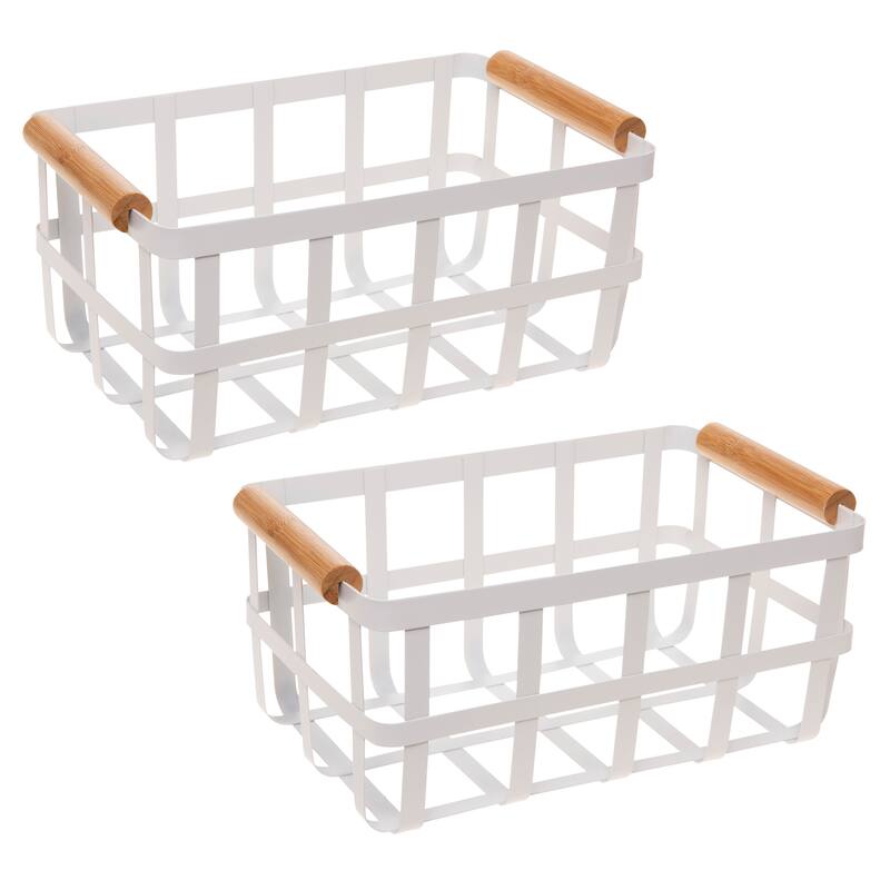Simplify Rectangular Metal Basket with Bamboo Handles - White - 2 Pack